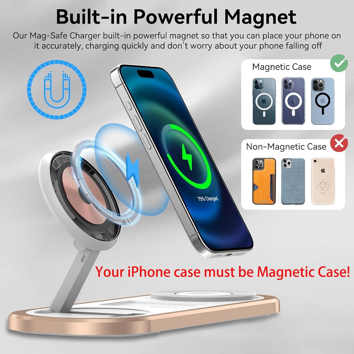 3 in 1 Fast Wireless Charger Stand for iPhone, Foldable Travel Charging Station for Magsafe for iPhone 17/Air/16/15/14/13/12 Series, Apple Watch Series, AirPods pro/2/3/4, Gifts for Women Men (Golden) - Image 4