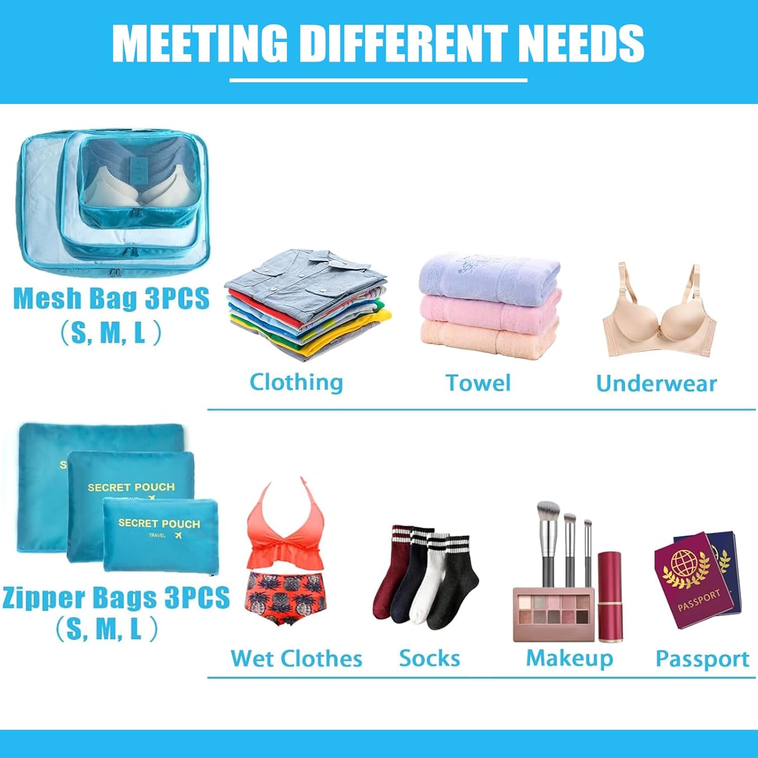 6 Set Packing Cubes for Travel Luggage Packing Bags Reusable Lightweight Suitcase Organizer Cubes Set for Travel Accessories (Sky Blue) - Image 7