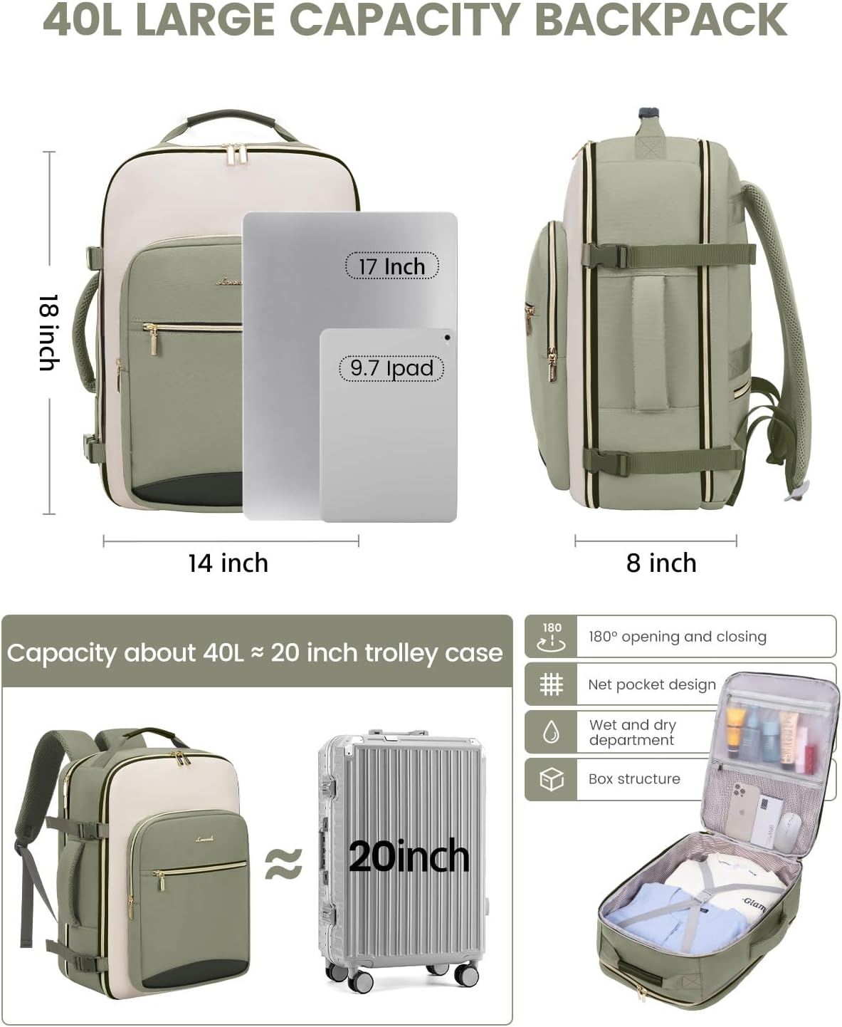 LOVEVOOK 40L Travel Backpack for Women & Men, Airline Approved Carry On Luggage with 3 Packing Cubes, TSA Overnight Bags, Waterproof Personal Item Bag, Weekender Essentials Backpacks fits 17" Laptop - Image 5