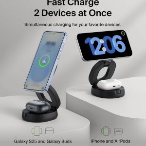 Belkin MagSafe Charger Compatible, 2-in-1 Qi2 Wireless Charging Station 15W, Convertible Charger for iPhone 17, Apple Watch, AirPods, Pixel 10, Portable Phone Stand for Travel w/ 30W Adapter – Black