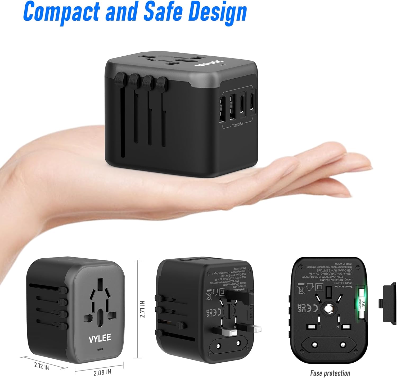 Universal Travel Adapter, VYLEE 5 in 1 International Power Adapter, 3.5A 2xUSB-A and 2xUSB C Wall Charger, Worldwide Travel Essentials Plug for Europe USA UK AUS Asia (Black Grey) - Image 8