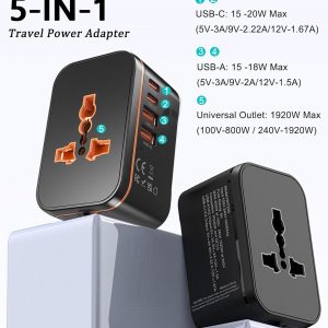 Universal Travel Adapter Worldwide, European Travel Plug Adapter with 2 USB C, 2 USB A and Multi AC Outlets, International Power Adaptor for EU US UK AUS 200+ Countries, Travel Essentials
