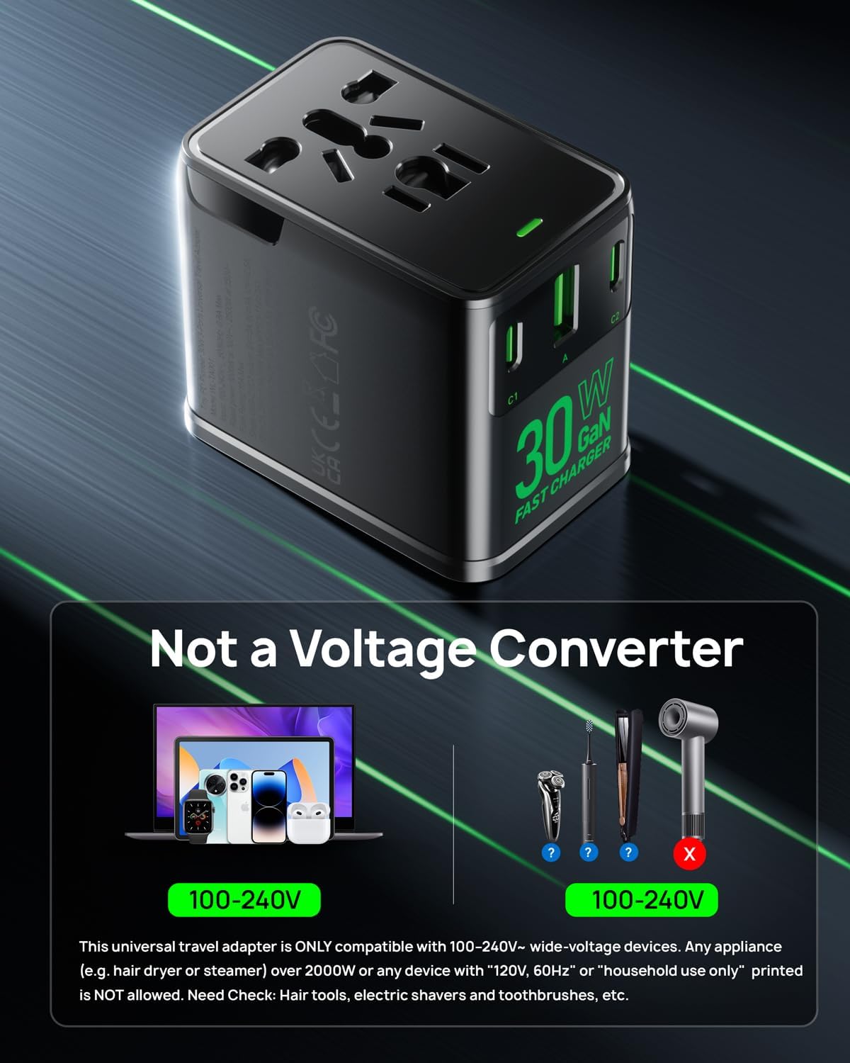 Tiny Universal Travel Adapter, 30W GaN Fast Charging International Power Adapter with 4 Ports (1 AC, 1 USB-A, and 2 USB-C), Plug Adapter with Smart Chip for Over 200 Countries, PD&QC Charger - Image 5