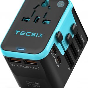 Universal Travel Adapter Worldwide PD 35W, TECSIX International Power Adapter Fast Charging with 2 USB C, 2 USB A Multi Outlets, Gan Travel Plug Adaptor for EU US UK AUS 200+ Countries