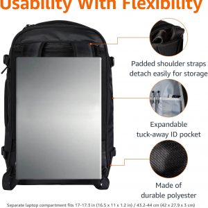 Amazon Basics Travel Backpack, Carry On Backpack, With Laptop Compartment, 40L Capacity, Expandable for 10% Extra Space, Backpack & Shoulder Bag Dual Use, 15.8″W x 21.5″H x 8.3″D, Black