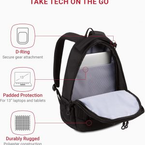 SwissGear 1186 Special Edition 13” Laptop Backpack Black – Compact Tech Bag with Reflective Accents – Multiple Organizer Pockets with Bungee Cords & D-ring Attachment Point