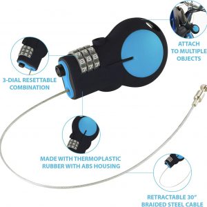 Lewis N. Clark TSA Approved Padlock & Bike Lock for Luggage + Travel, Set Your Combo w/30in Retractable Steel Cable, Blue