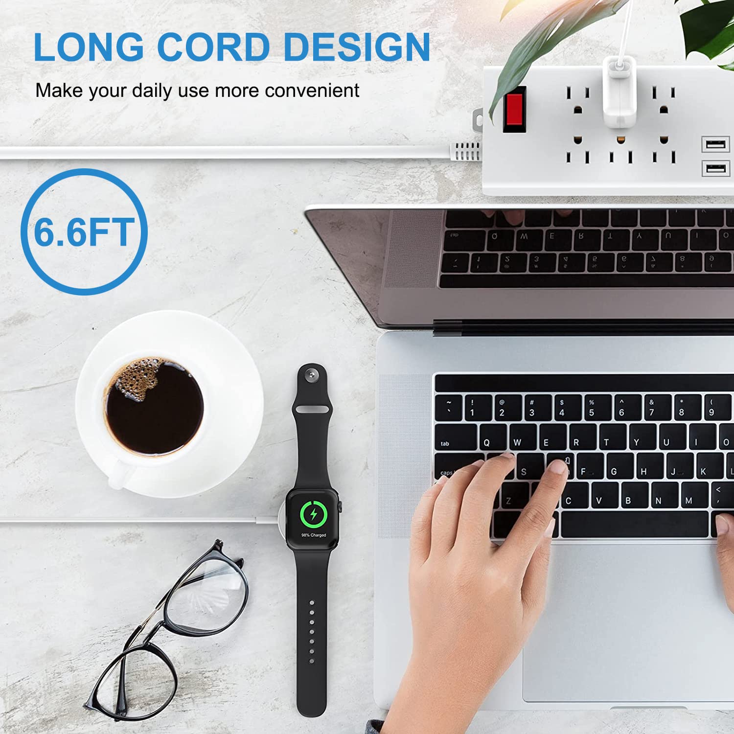 Watch Charger for Apple Watch Charger, Long 6.6FT iWatch Portable Wireless Fast Charging Cable Cord with USB Wall Charge Plug Adapter Block Compatible with Apple Watch Series 9/8/7/SE/6/5/4/3/2/1 - Image 2