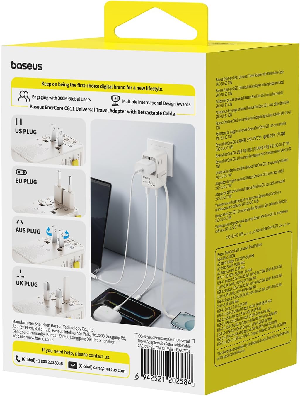 Baseus 70W Universal Travel Adapter with Retractable Cable, 6-in-1 International Plug Adapter, USB-C PD Fast Charging Worldwide Wall Charger for USA/EU/UK/AUS and Over 200 Countries (Off-White) - Image 9