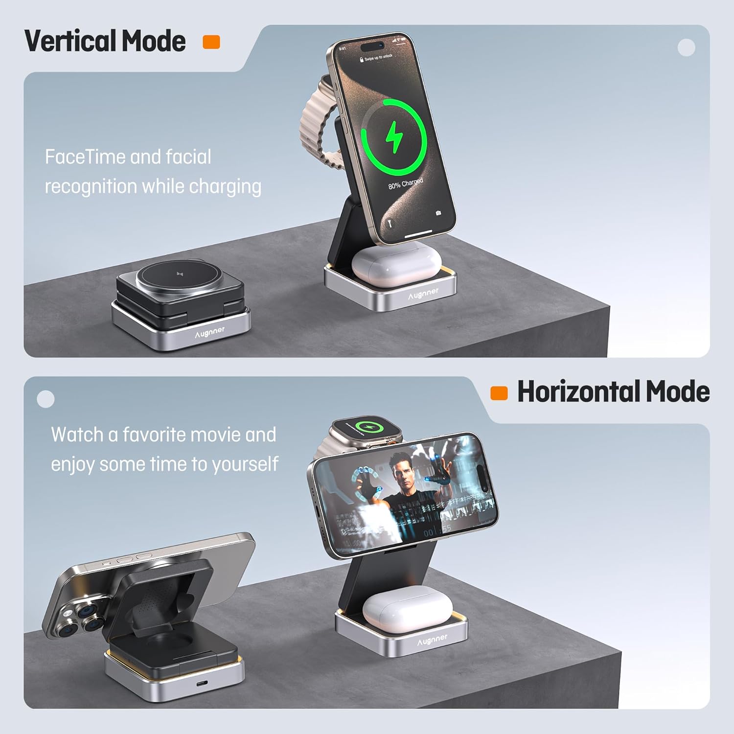 【2026 Upgraded】Wireless Charger 3 in 1, Foldable Wireless Charging Station with Night Light for Apple MagSafe Charger, Travel Magnetic Charger Stand, Nightstand Fast 15W Charging Station (20W Adapter) - Image 6