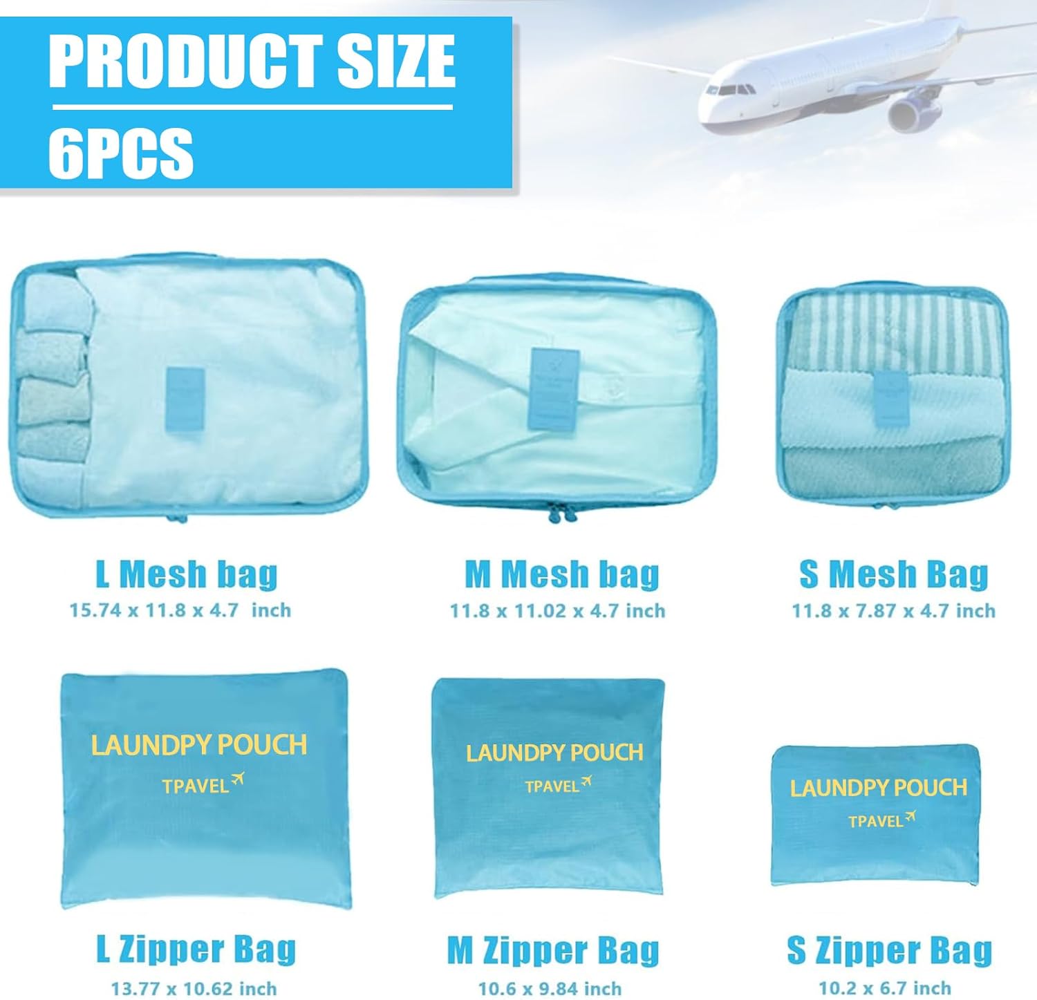 6 Set Packing Cubes for Travel Luggage Packing Bags Reusable Lightweight Suitcase Organizer Cubes Set for Travel Accessories (Sky Blue) - Image 4