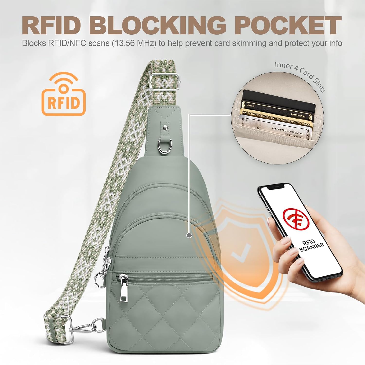 Sling Bag for Women, Anti-Theft RFID Crossbody Bag Nylon Sling Purse for Travel, Puffy Small backpack for Daily Hiking Sports Green - Image 6
