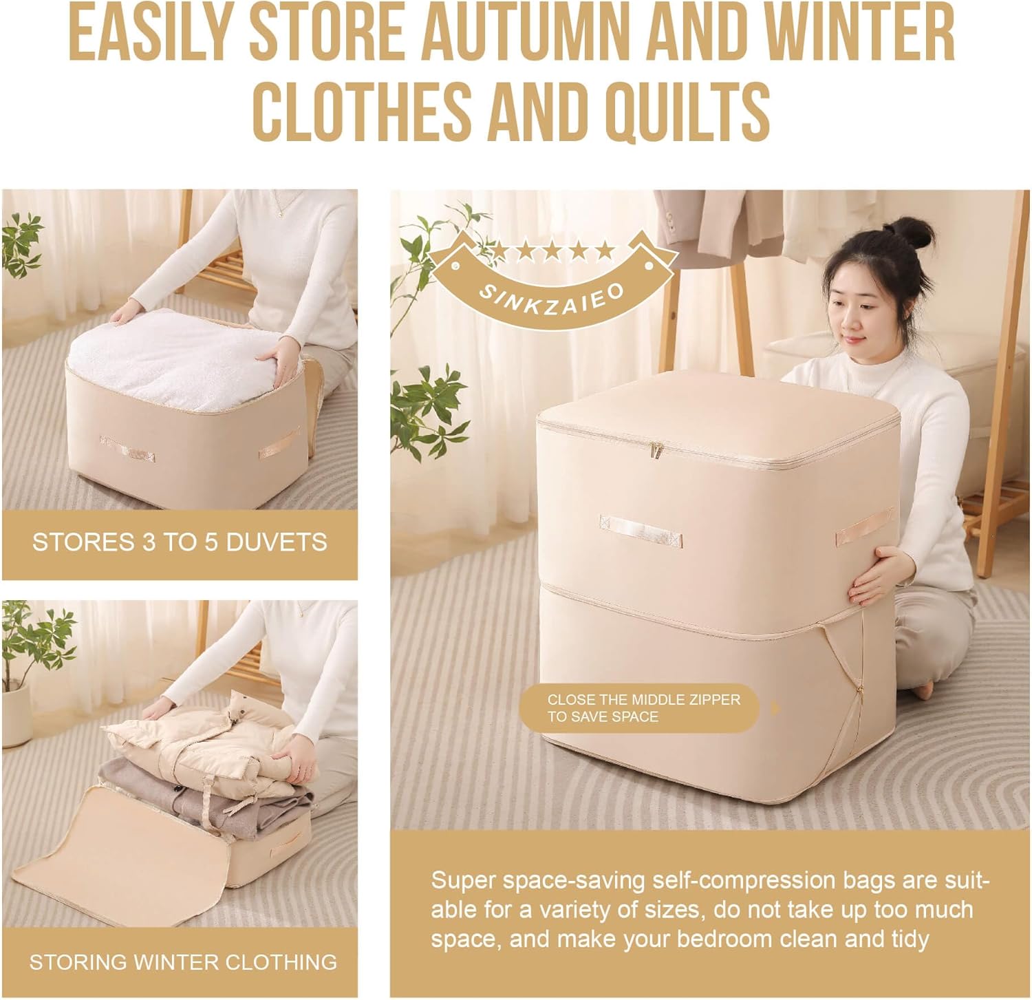 Ultra Space Saving Self Compression Organizer,Packing Cubes,Waterproof And Moisture-Proof,High Capacity,For Blankets Clothes Duvet Comforter(Oatmeal 21.2 * 16.2 * 11.8 In) - Image 4