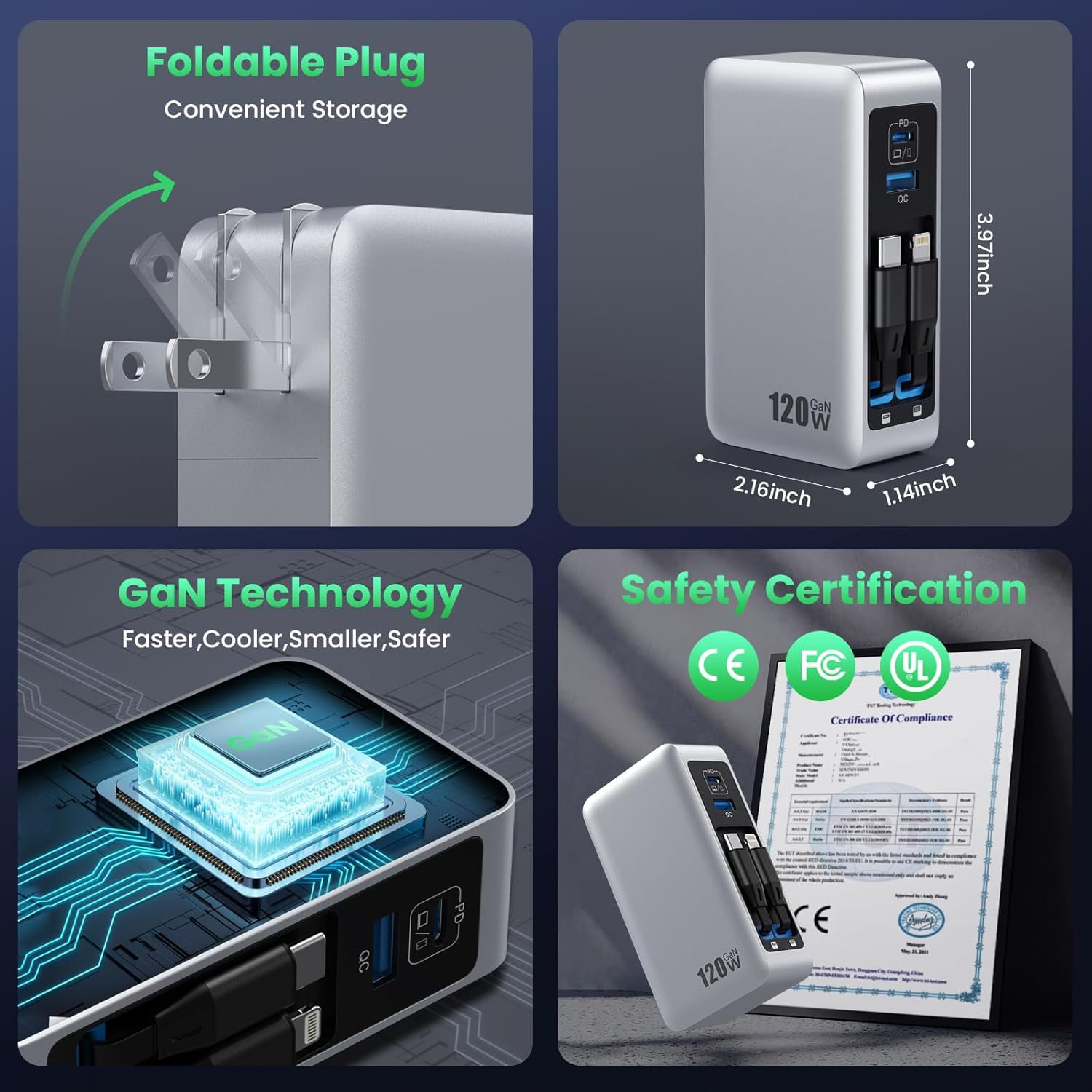 120W USB C Charger Block with 2 Built-in Retractable Cables,4-in-1 GaN IV Foldable Plug Wall Charger Fast Charging Station,PD 65W Laptop Adapter for MacBook/iPad,iPhone 17/16/15/14,Galaxy,Android etc - Image 4