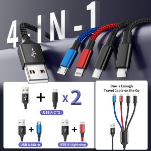 Dual Type-C 4 in 1 Multi Charging Cable for Multiple Devices with 2 USB-C/Lightning/Micro Port, USB Cable iPhone Charger Cord, Travel Charger for iPhone17-8, Android iPad, Stocking Stuffers – 2Pcs 5FT