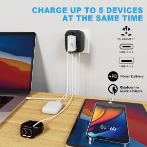 Universal Travel Adapter, PD20W International Power Adapter, 2 USB-C & 2 USB-A Fast Charging Travel Charger, All in One Worldwide Travel Plug Adapter, Outlet Adapter for Europe EU UK USA AU