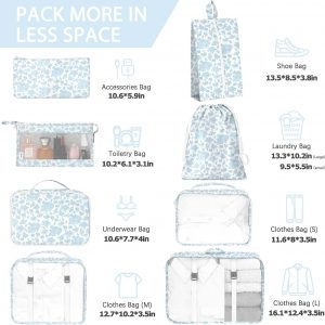 8 Set Packing Cubes for Travel, Luggage Packing Organizers Accessories Large Toiletries Bag for Clothes Shoes Cosmetics (Blue Flower)