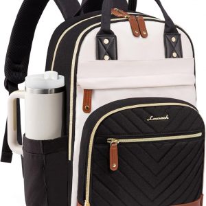 LOVEVOOK Laptop Backpack for Women with Giant Tumbler Holder Pocket,15.6 inch School College Book Bag Nurse Teacher Backpack,Waterproof Work Travel Backpack Purse Laptop Computer Bag,Beige-Black-Brown