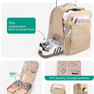 BAGSMART 30L Travel Backpack for Women, Carry on Backpack for Airplanes, Gym Backpack with Shoe Compartment, Lightweight Travel Bag Fits 15.6 Inch, Water-Resistant, Desert