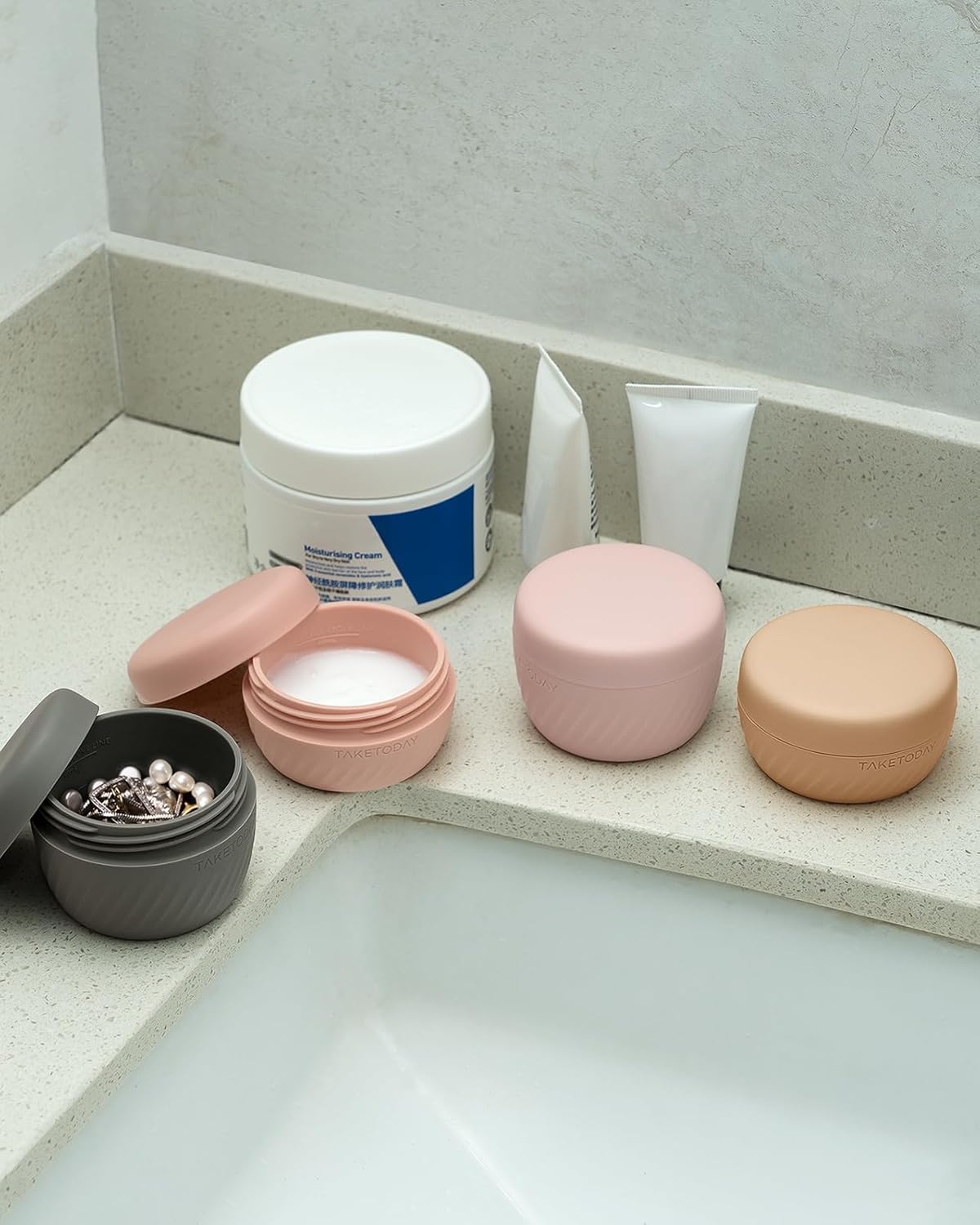 TakeToday Travel Containers for Toiletries, Leak-proof, TSA Approved, Refillable Silicone Cream Jars with Lid Travel Size Essential for Cosmetic toiletry Cream, 2oz, 4 Pack (Apricot) - Image 7
