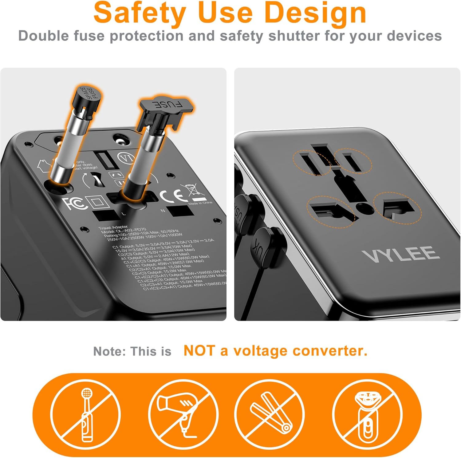 Universal Travel Adapter, VYLEE 70W International Plug Adapter with PD Fast Charging, 5-Port (1 AC/1 USB-A/3 USB-C), Wall Charger Worldwide Travel Essentials Plug for USA EU UK AUS Japan (Black) - Image 6