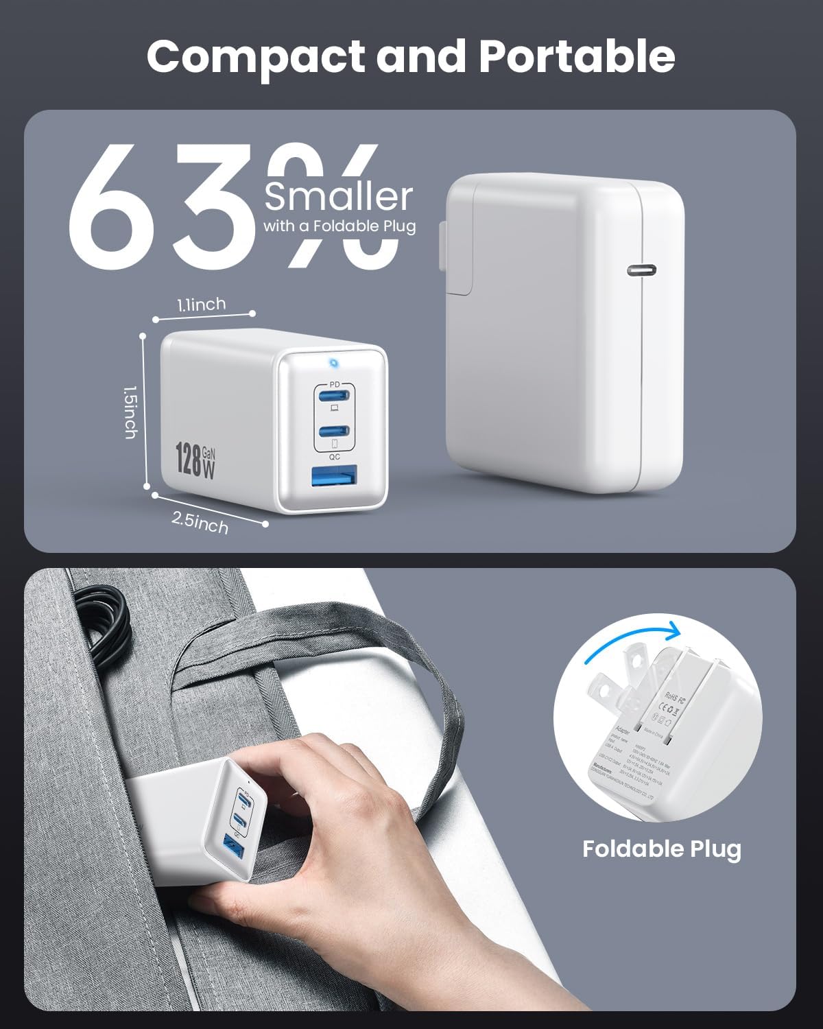 128W USB C Wall Charger,GaN III 3-Port Fast Charging Station,PD QC Foldable Charger Block Portable 65W Laptop Adapter for MacBook Pro/Air,iPad Pro,Galaxy S23,Dell XPS 13,iPhone 17/16/Pro etc - Image 6