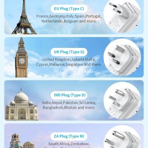 International Travel Adapter Set, US to UK/EU/South Africa/India Universal Power Adapter- 4 AC Outlets 4 USB Ports (2 USB C), Travel Plug Adapter Kit Include Type G/C/M/D Detachable Plug