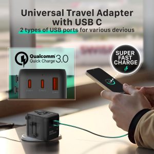 Fosmon Universal Travel Adapter Worldwide, GaN III/PD Fast Charge Dual Outlet, International Travel Plug Adapter (2 USB-C, 1 USB-A Port), European Charger Outlet Converter for AU, EU 224+ Countries