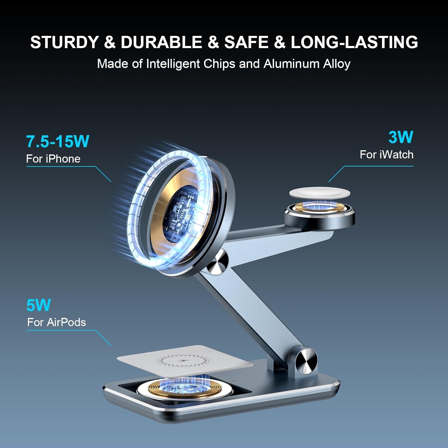 Wireless Charger 3 in 1,Foldable Wireless Charging Station for Apple MagSafe Charger,Aluminum Portable Magnetic Travel Charger Stand for iPhone,Watch,Aipods (with 20W Adapter & Case) - Image 2