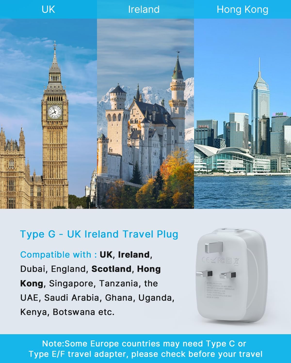 US to UK Ireland Travel Plug Adapter 2 Pack, VINTAR Type G Plug Adapter with 2 Outlets 4 USB Ports(1 USB-C), UK Power Adaptor for USA to England Scotland Dubai Hong Kong British Kenya London - Image 2