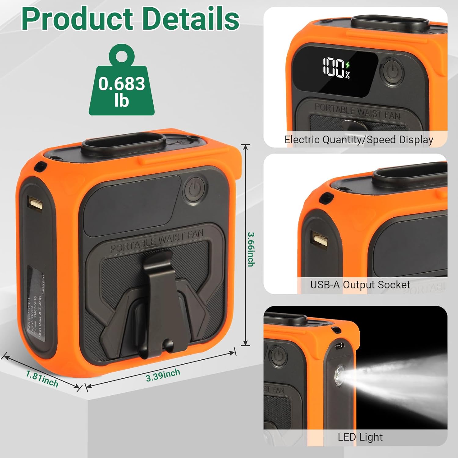 Portable Waist Fan with 5 Speeds & LED Flashlight & 10000mAh Power Bank for Smart Phone Birthday Gift Personal Waist Belt Wearable Cooling Fans for Outdoor Camping Travel Adventure - Image 7