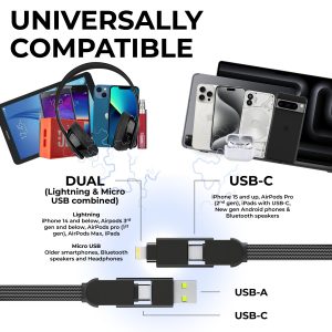 Rolling Square inCharge XL 6-in-1 Multi Charging Cable, Portable USB and USB-C Cable with 100W Ultra-Fast Charging Power, 1 Ft/0.3m, Urban Black