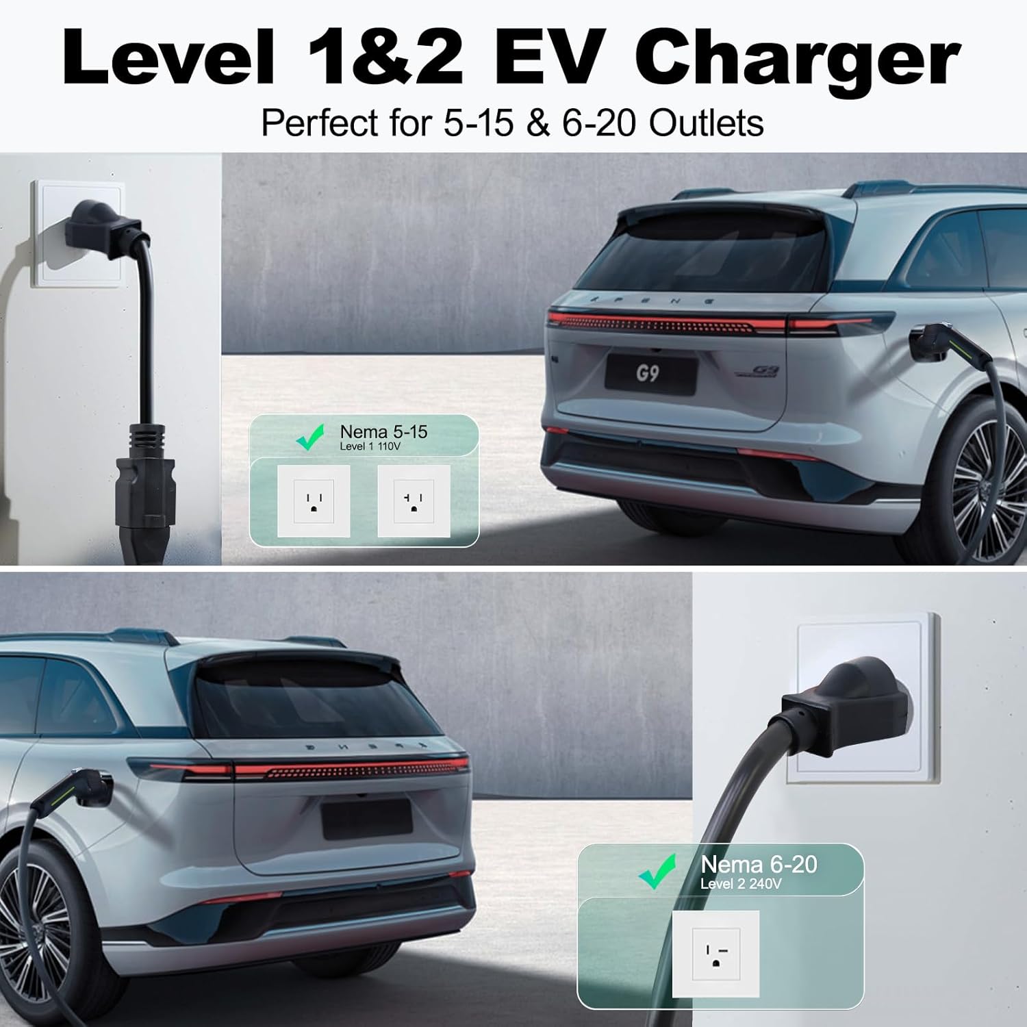 Level 1&2 EV Charger, Electric Vehicle Portable Charger with 20FT Cable, 3.5KW 16Amp Home EV Car Charging Station, 110V-240V NEMA 6-20 & NEMA 5-15 Plug Adapter, for All SAE J1772 - Image 3