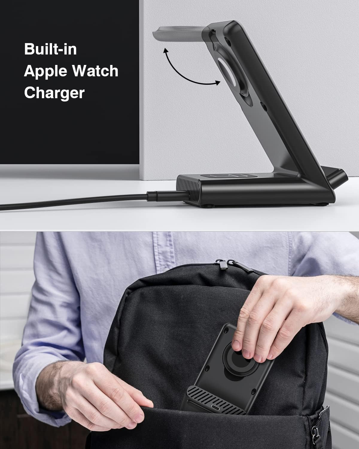 Wireless Charging Station,3 in 1 Charging Stand Made for Apple Watch Ultra 11 10 9 8 7 6 SE 5 4 3,Fast Wireless Charger Made for iPhone 17/Air/16/15/14/13/12,for AirPods Pro(with Adapter) (Black) - Image 4