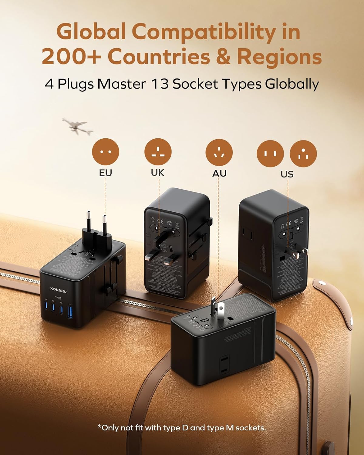 MOMAX GaN 205W Universal Travel Adapter, 9-in-1 European Travel Plug Adapter, 6 USB-C PD Fast Charging & 1 USB-A QC, 2 AC, International Power Adapter UK AUS JP, Travel Essentials - Image 2