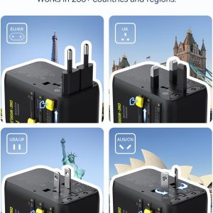 Baseus 70W Universal Travel Adapter, 6-in-1 International Plug Adapter with Retractable Cable, USB-C PD Fast Charging Worldwide Wall Charger for USA/EU/UK/AUS and Over 200 Countries – Enercore CG11