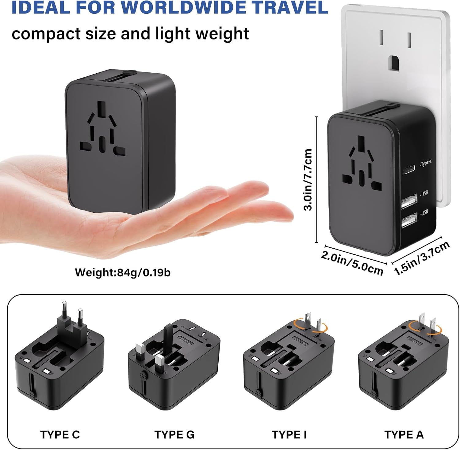 Travel Plug Adapter with 2 USB A+1 USB C,Universal All in One Worldwide Travel Adapter,Power Converters Wall Charger,AC Power Plug Adapter,International Power Adapter for USA EU UK AUS Black - Image 3