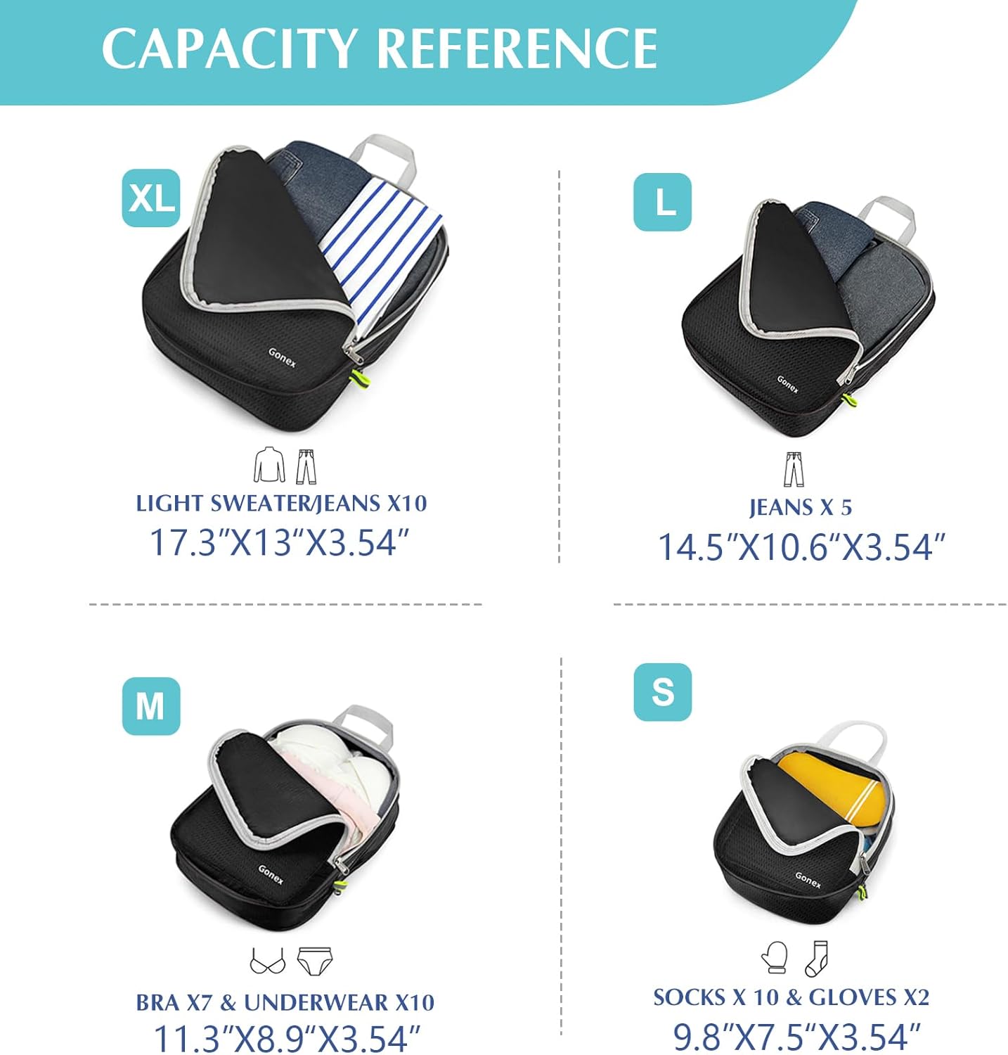 Gonex Compression Packing Cubes, 3pcs/4pcs Expandable Storage Travel Luggage Bags Organizers - Image 5