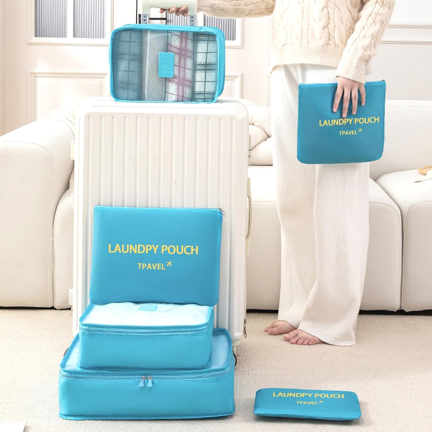 6 Set Packing Cubes for Travel Luggage Packing Bags Reusable Lightweight Suitcase Organizer Cubes Set for Travel Accessories (Sky Blue) - Image 9
