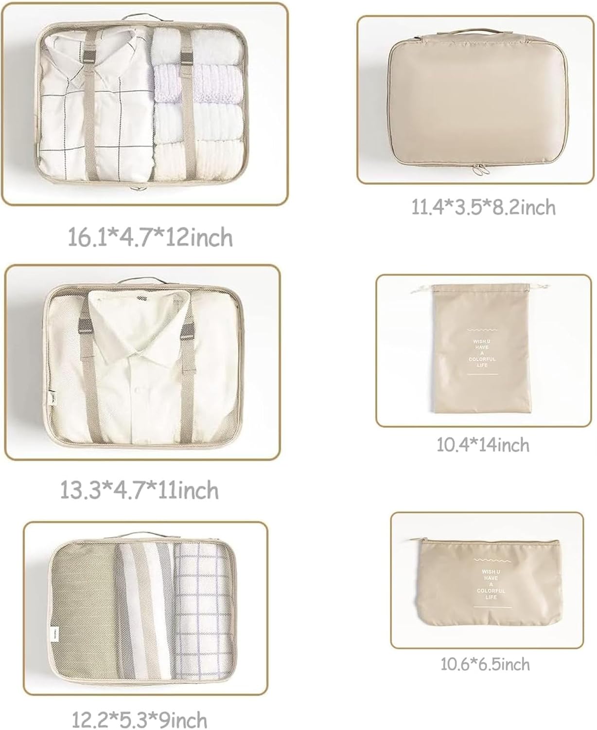 6 Set Packing Cubes for Travel, Luggage Organizers with Shoe & Toiletry Bags, Lightweight Suitcase Organizer for Carry-On, Washable Laundry Bags (Beige) - Image 5