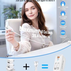 4 in 1 Retractable Wall Charger with Dual Cables,40W Retractable Phone Charger Wall Plug with Dual USB Ports,20W USB C Chargers Block Fast Charging for iPhone 17 16 15 14 13,LG, Galaxy S24 23,Pixel