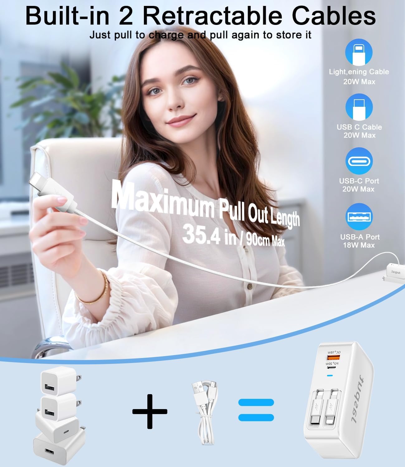 4 in 1 Retractable Wall Charger with Dual Cables,40W Retractable Phone Charger Wall Plug with Dual USB Ports,20W USB C Chargers Block Fast Charging for iPhone 17 16 15 14 13,LG, Galaxy S24 23,Pixel - Image 2