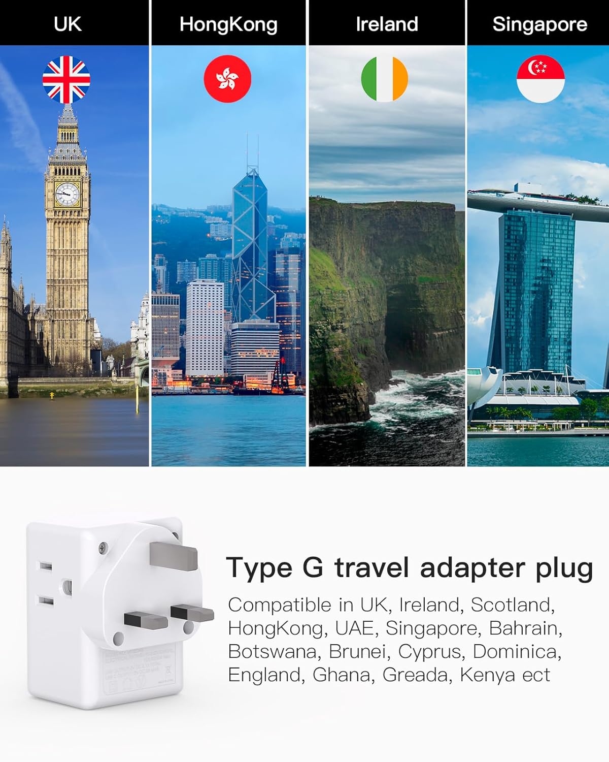 2 Pack US to UK Plug Adapter, Mifaso Type G Power Adapter with 3 Outlet 3 USB Charger, International Plug Adapter, USA to Dubai England Ireland British London Hong Kong Singapore Travel Essentials - Image 2