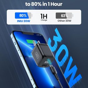 INIU USB C Charger, 30W PD QC 3.0 Dual Port Type C Fast Charging Compact Charger Block with Foldable Plug for iPhone 16 15 Pro Max Samsung S24 S23 Note 20 iPad Pro Google AirPods etc