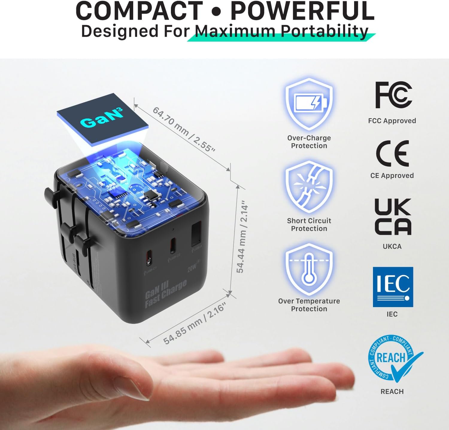Fosmon Universal Travel Adapter Worldwide, GaN III/PD Fast Charge Dual Outlet, International Travel Plug Adapter (2 USB-C, 1 USB-A Port), European Charger Outlet Converter for AU, EU 224+ Countries - Image 8