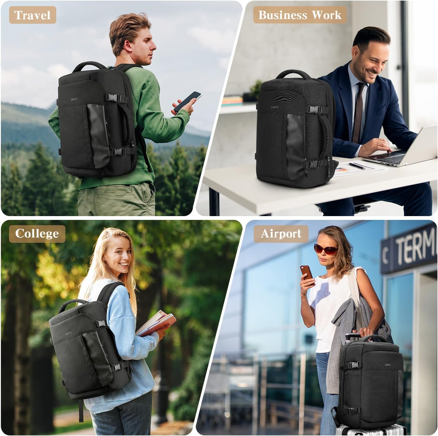 ZOMFELT Travel Backpack for Men Women, TSA Friendly Flight Approved Carry on Backpack, 15.6 Inch Laptop Backpack Water Resistant, Personal Item Travel Bag for Business Work College Computer Bag, Black - Image 2