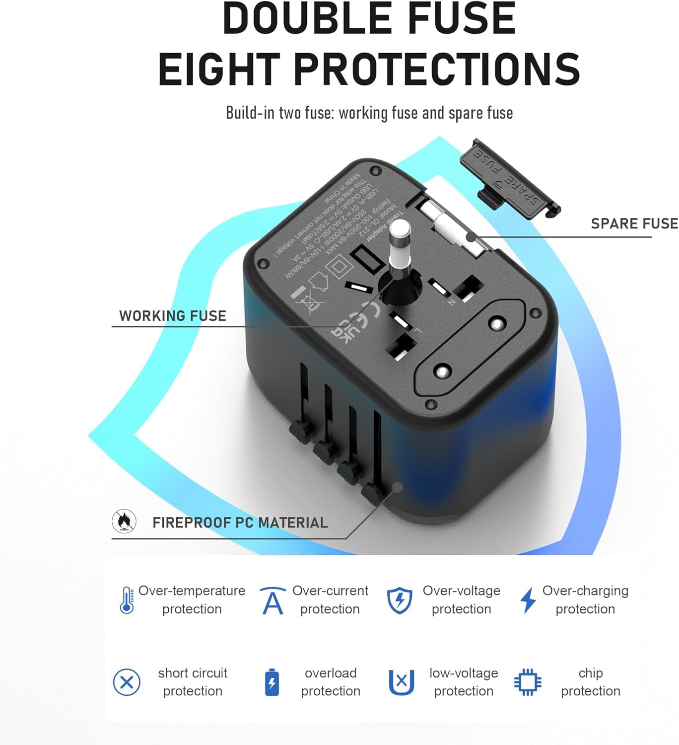 Universal Travel Adapter, VYLEE 5 in 1 International Power Adapter, 3.5A 2xUSB-A and 2xUSB C Wall Charger, Worldwide Travel Essentials Plug for Europe USA UK AUS Asia (Black Grey) - Image 6