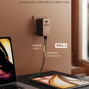 MOMAX Universal Travel Adapter, 170W GaN International Power Adapter, 3 USB-C 1 USB-A, Worldwide Travel Plug Adapter, International Power Adapter for Most Europe, USA, Japan, Australia (Type C/A/G/I)