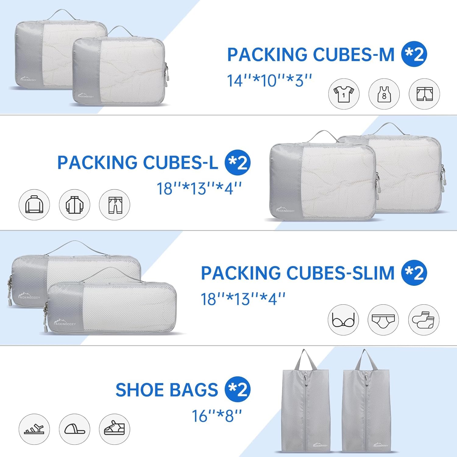 Packing Cubes for Travel, 8 Set Packing Organizers with Zipper Pulls and Mesh Top Panel - Light-weight Travel Cubes for Carry On and Suitcases, Light Gray - Image 2
