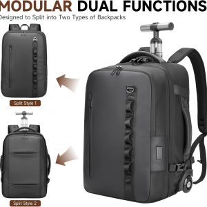 2-in-1 Detachable Carry On Rolling Backpack – Splits into Two Bags for Travel, 50L Wheeled Backpack with 17.3″ Padded Laptop Sleeve, USB Charging Ports, TSA Lock, Waterproof Luggage Suitcase
